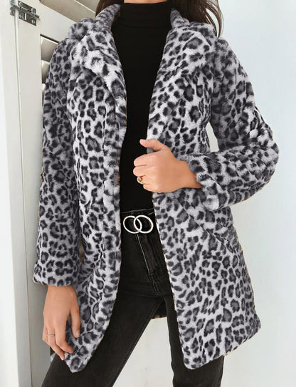 Leopard Print Plush Lapel Coat