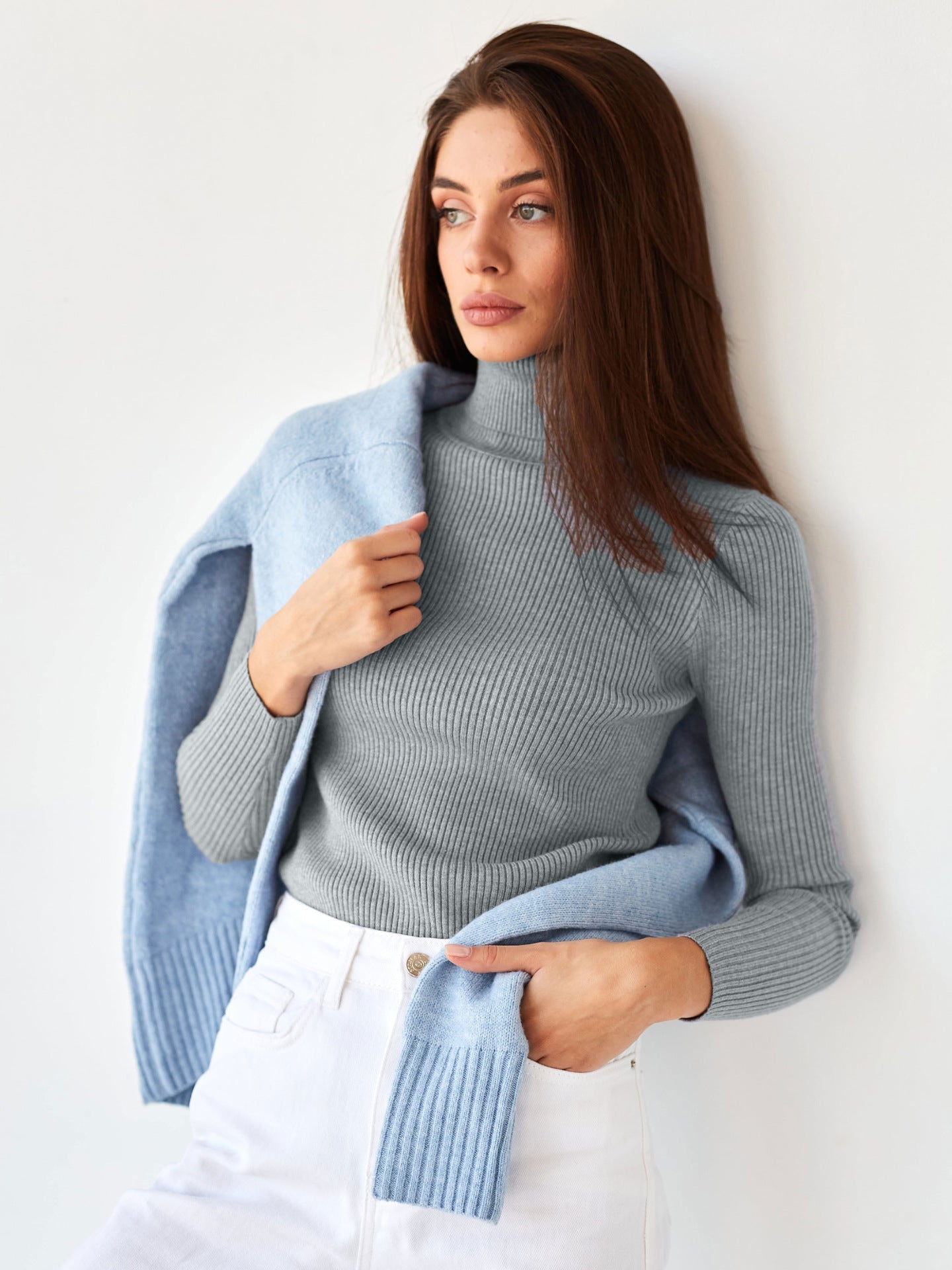 Ribbed Turtleneck Knit Sweater
