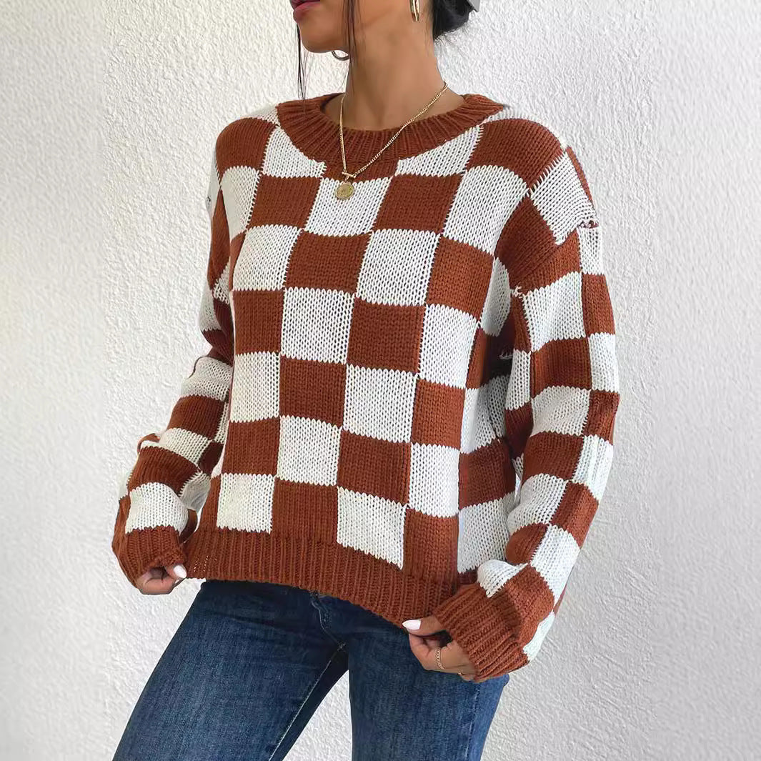Checkerboard Color-Block Loose Knit Sweater