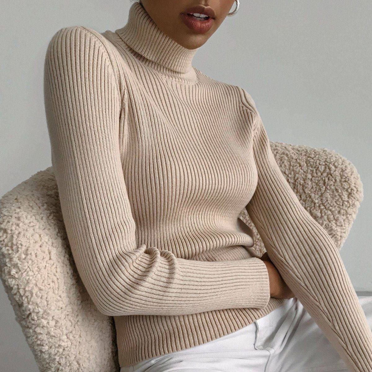 Ribbed Turtleneck Knit Sweater