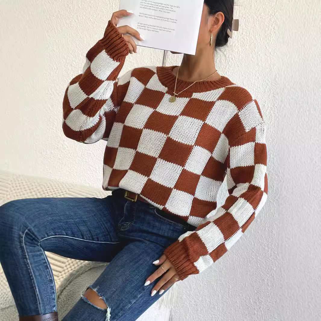 Checkerboard Color-Block Loose Knit Sweater