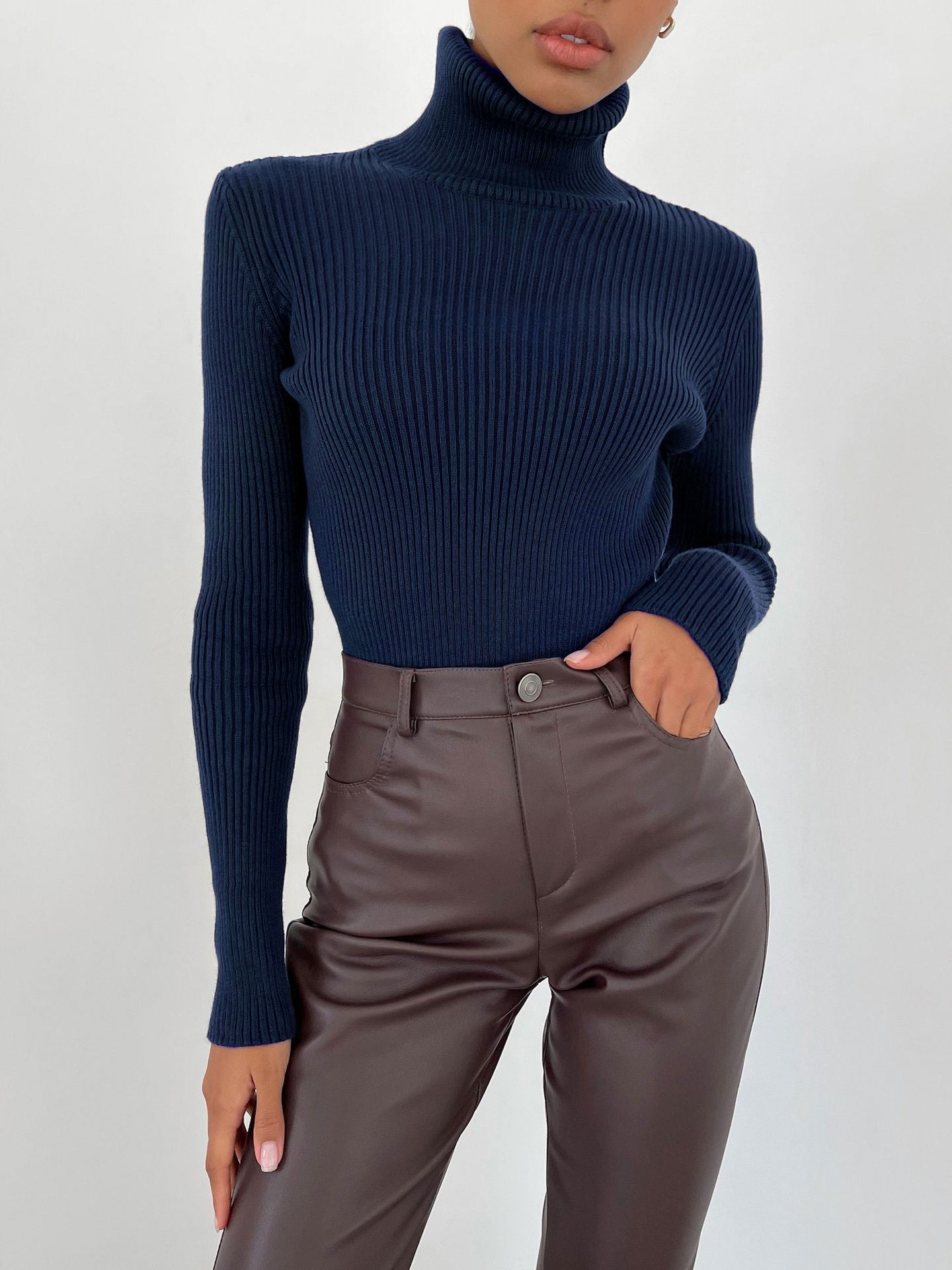 Ribbed Turtleneck Knit Sweater