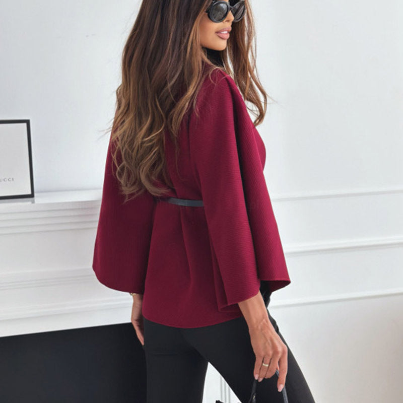 Elegant Woolen Cloak Top with Belt