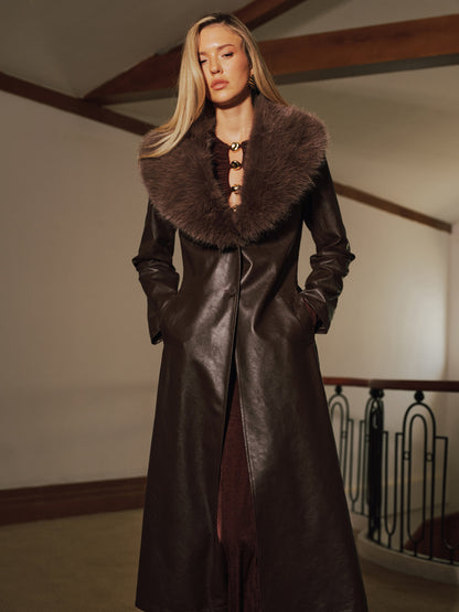 Faux Fur Collar Faux Leather Long Coat