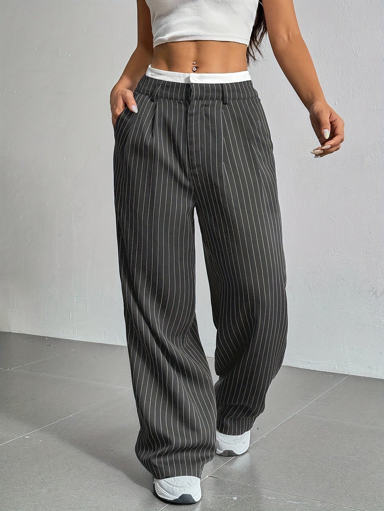 Women’s High-Waist Stripe Straight-Leg Trousers